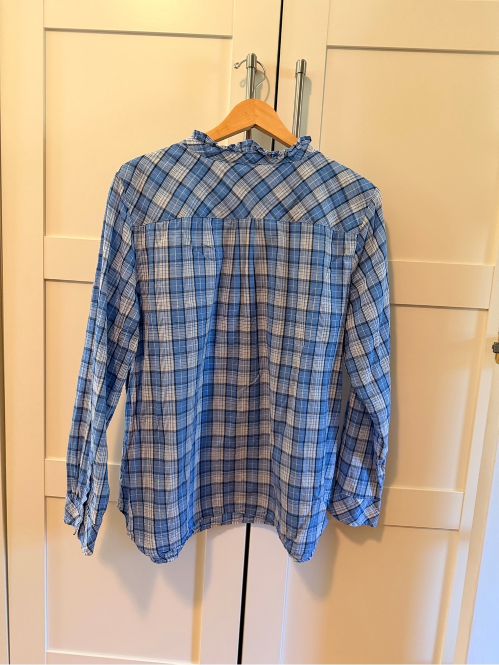 Talbots Blue Plaid Ruffle-Collar Button-Front Shirt - Picture 2 of 8